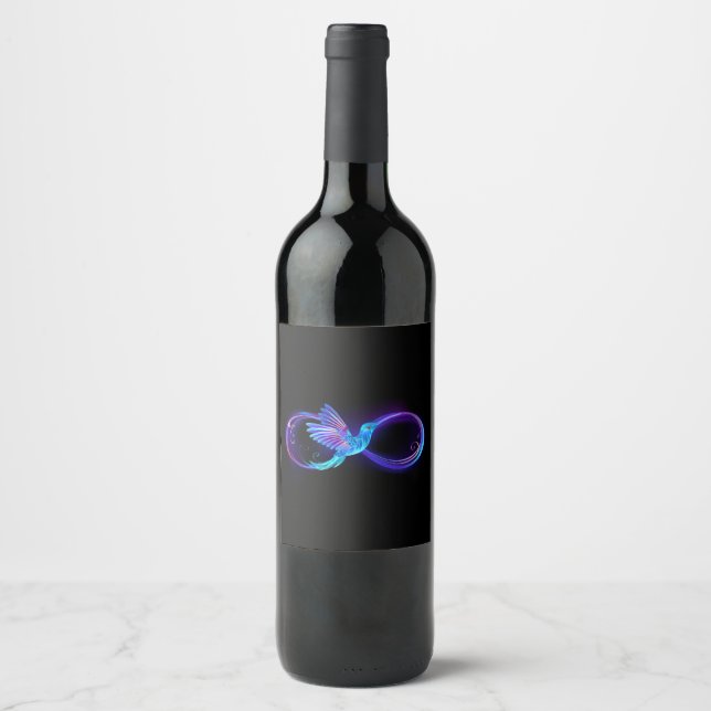 Neon Infinity Symbol mit dem leuchtenden Hummingbi Weinetikett (Vorderseite)