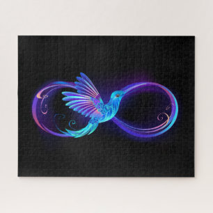Neon-Infinity-Symbol mit leuchtendem Kolibri