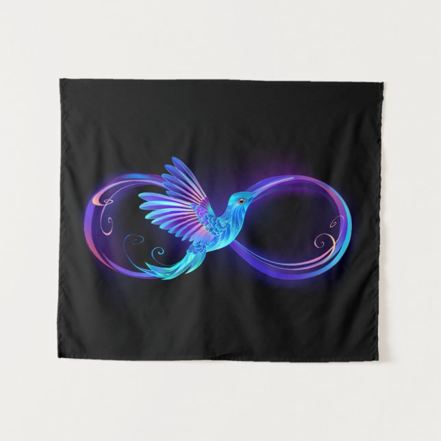 Neon Infinity Symbol with Glowing Hummingbird Wandteppich (Vorderseite (Horizontal))