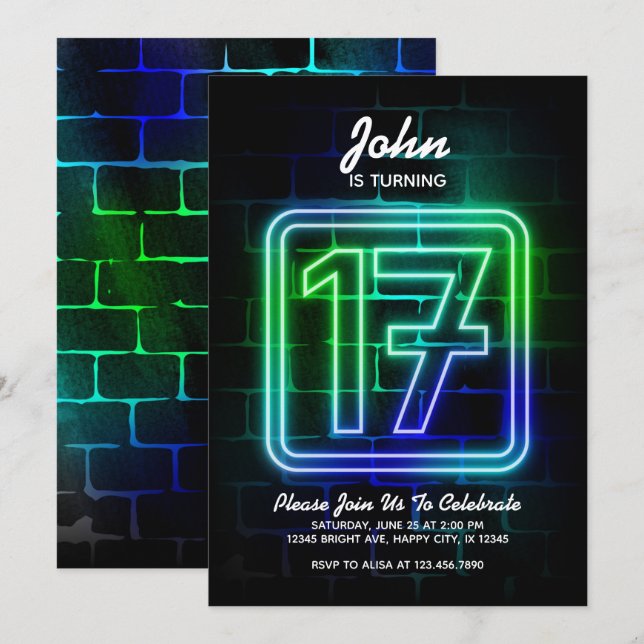Neon invitation anniversaire pour garçon 17e anniv (Devant / Derrière)