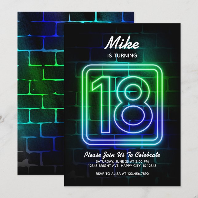Neon invitation anniversaire pour garçon 18e anniv (Devant / Derrière)
