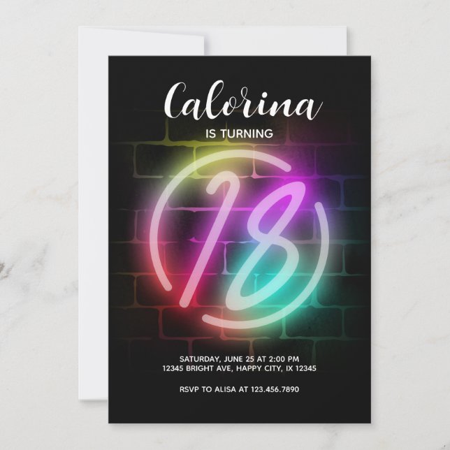 Neon invitation anniversaire pour la fille 18e ann (Devant)