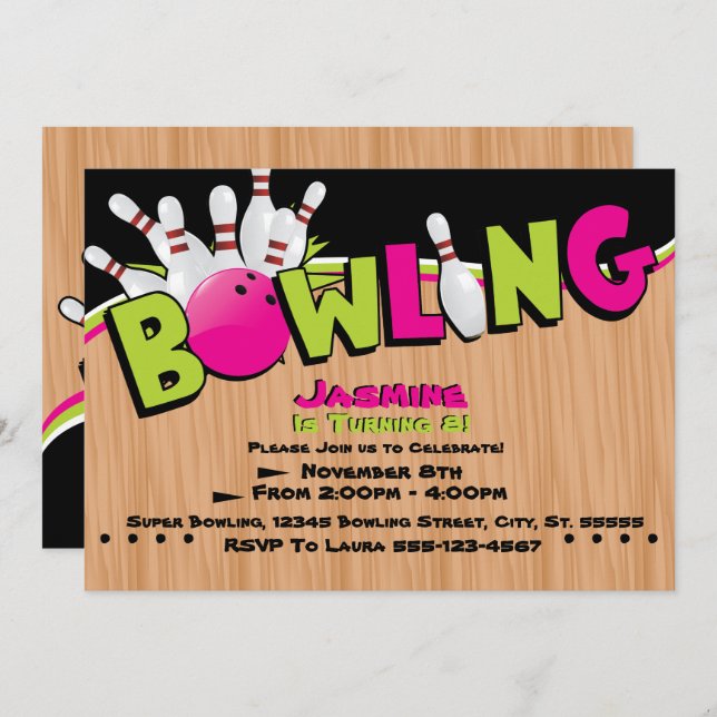 Néon, invitations d'anniversaire de bowling de (Devant / Derrière)
