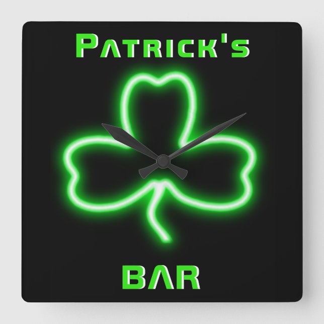 Neon Irish Pub Bar Sign Clock Kleeblatt Beer Quadratische Wanduhr (Vorderseite)