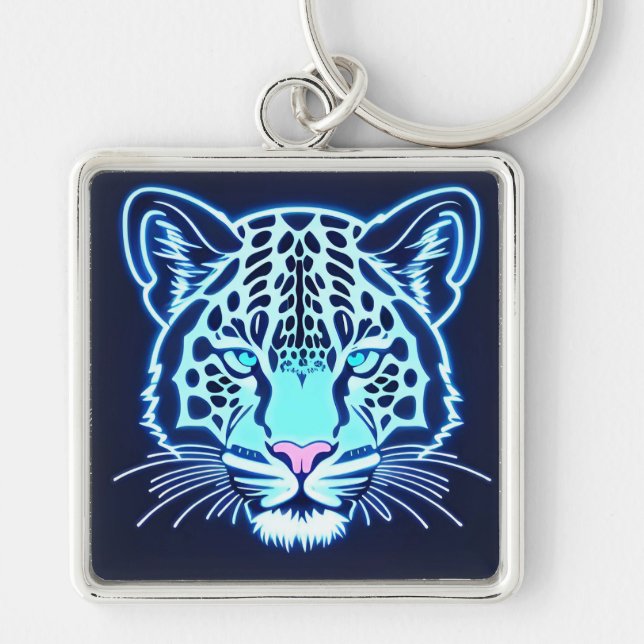 Neon Jaguar Head Kontur auf dunklem Hintergrund Schlüsselanhänger (Vorne)