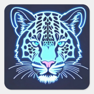 Neon-Jaguar-Kopfumriss auf dunklem Hintergrund Quadratischer Aufkleber