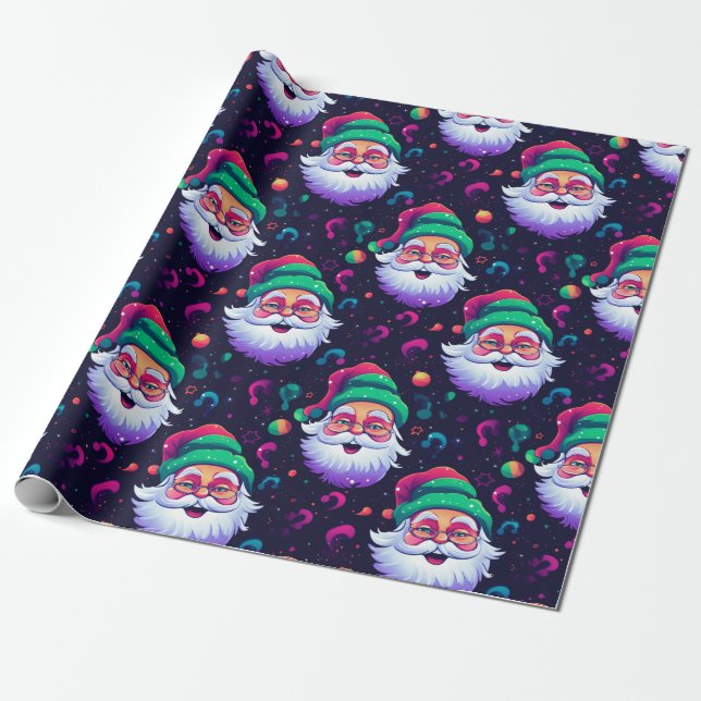 Neon Joyful Santa Pattern Geschenkpapier (Ungerollt)