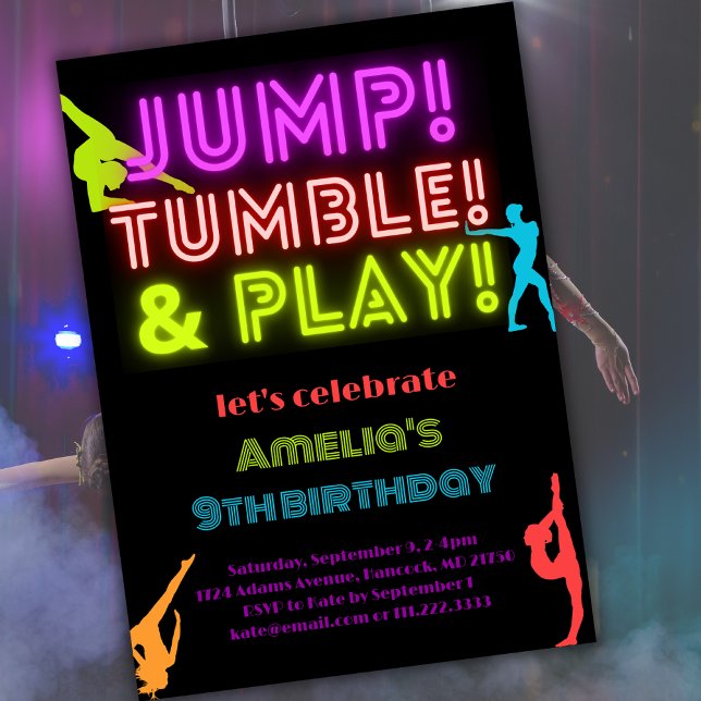 Neon Jump Trumble spielen Geburtstagsgymnastik Einladung (Von Creator hochgeladen)