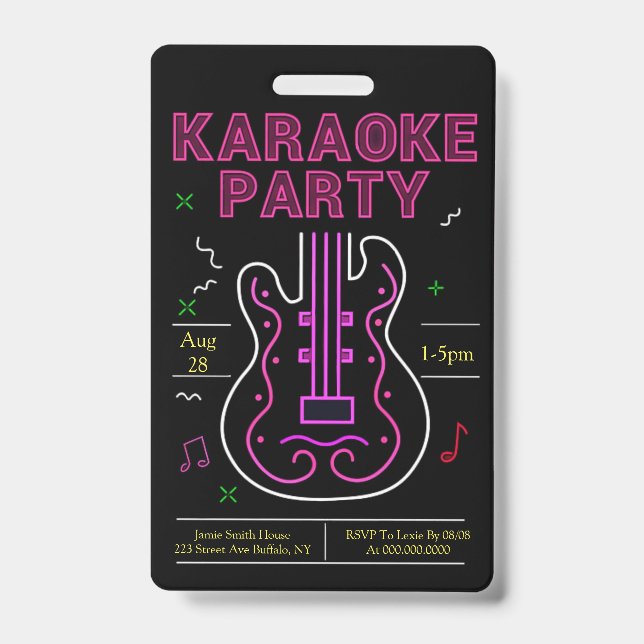 Neon Karaoke Party Ausweis (Vorderseite)