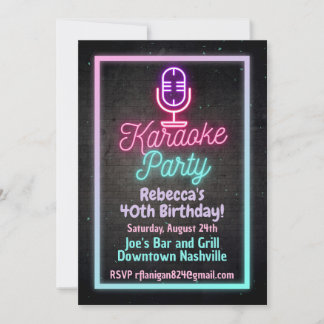 Neon Karaoke Singing Birthday Party Invitation  Einladung