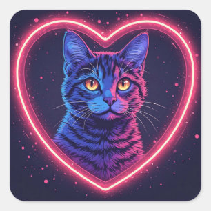 Neon-Katze-Herz-Design – Süße leuchtende Katzenlie Quadratischer Aufkleber