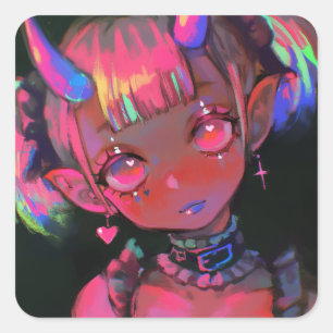 Neon Kawaii Dämonen Mädchen Pastel Goth Quadratischer Aufkleber