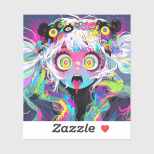 Neon Kawaii Shockwave: Psychedelisches Anime-Mädch Aufkleber