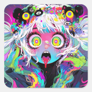 Neon Kawaii Shockwave: Psychedelisches Anime-Mädch Quadratischer Aufkleber