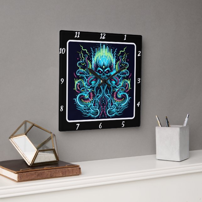 Neon Kraken Octopus Deep Current Quadratische Wanduhr (Büro)