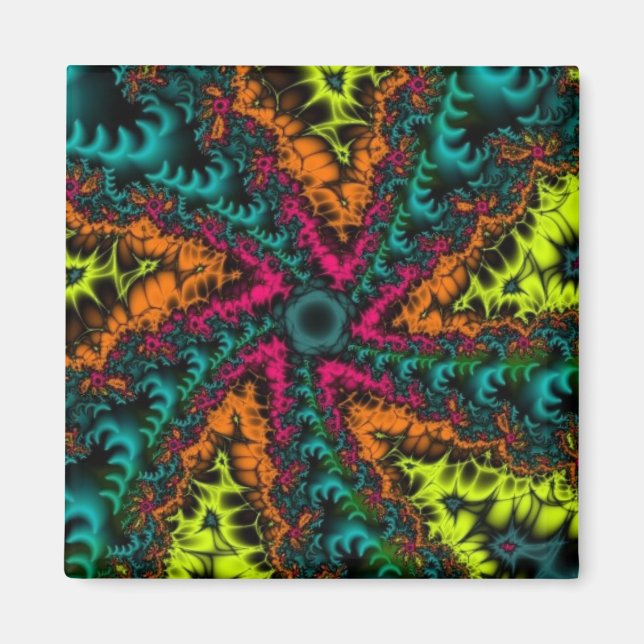 Neon | Kunst des Blauen und orangen Fraktals Magnet (Vorne)