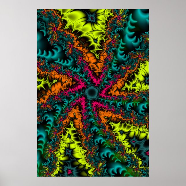 Neon | Kunst des Blauen und orangen Fraktals Poster (Vorne)