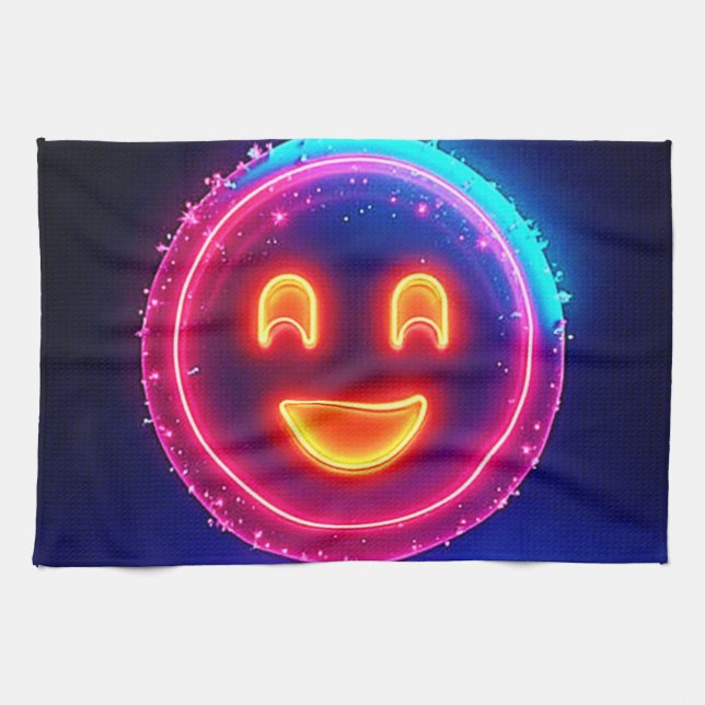 Neon-Lächeln: Helles Glückliches Leuchten Design Geschirrtuch (Horizontal)