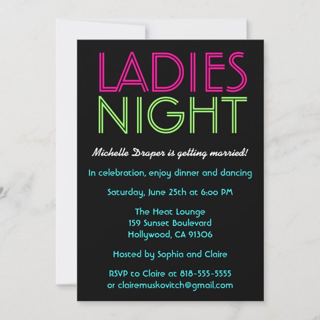 Neon Ladys Night Card Einladung (Vorderseite)