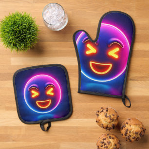 Neon Laughing Emoji Joy Ofenhandschuh & Topflappen-Set