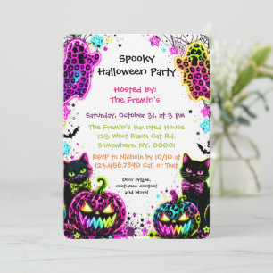 Neon Leopard Halloween-Katze und Kürbis-Party Einladung