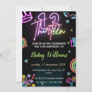 Neon Light 13. Geburtstag Einladung
