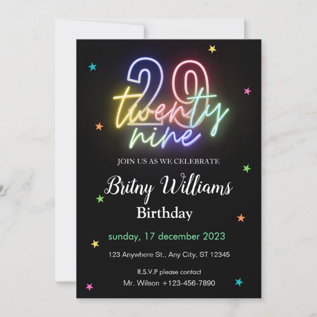 Neon Light 29. Geburtstag Einladung (Vorderseite)