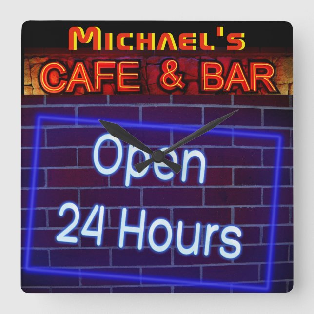 Neon Light BAR CAFE OPen ALL Hours Personalisiert  Quadratische Wanduhr (Vorderseite)