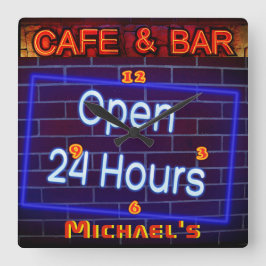 Neon Light BAR CAFE Pen ALL hours Personalisiert Quadratische Wanduhr