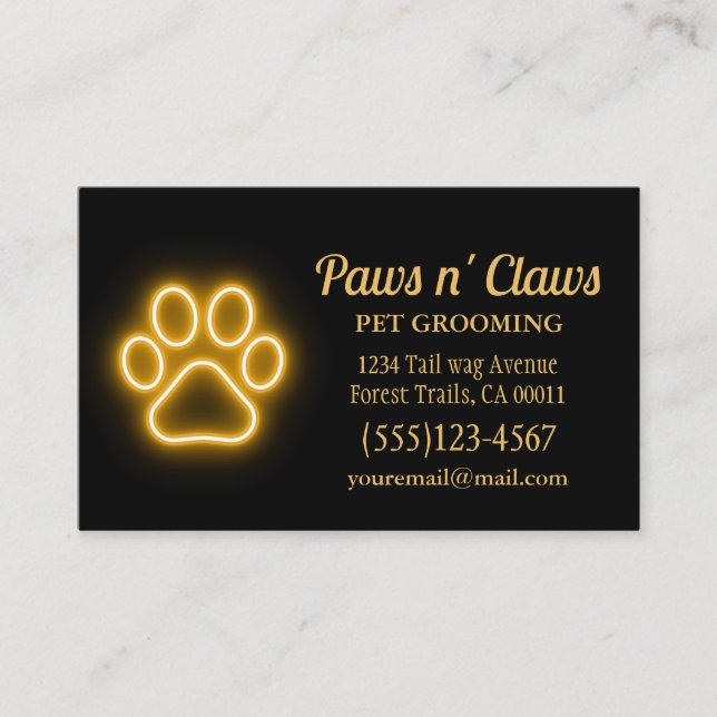 Neon Light Dog Paw Pet Grooming Visitenkarte (Vorderseite)
