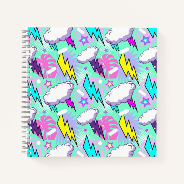Neon Lightning Bolts & Stars Muster Notizbuch (Vorderseite)