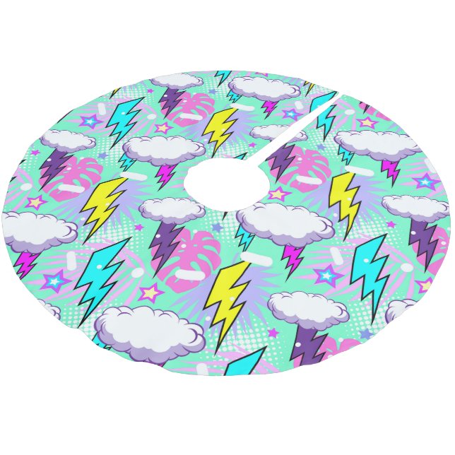 Neon Lightning Bolts & Stars Muster Polyester Weihnachtsbaumdecke (Schrägansicht)