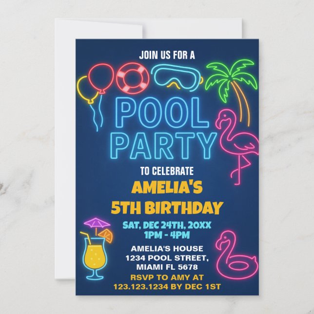 Neon Lights Pool Invitation Anniversaire (Devant)