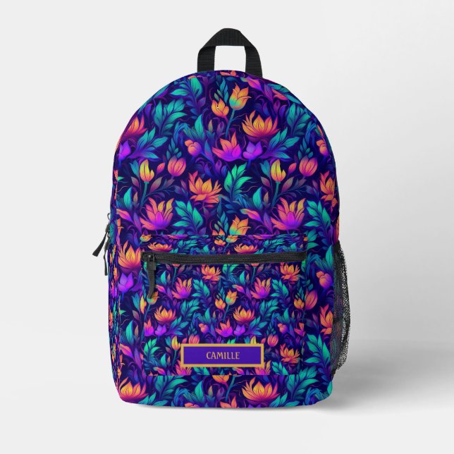 Neon Lila Aquamarin Orange Monogram Name Camp Bedruckter Rucksack (Vorderseite)