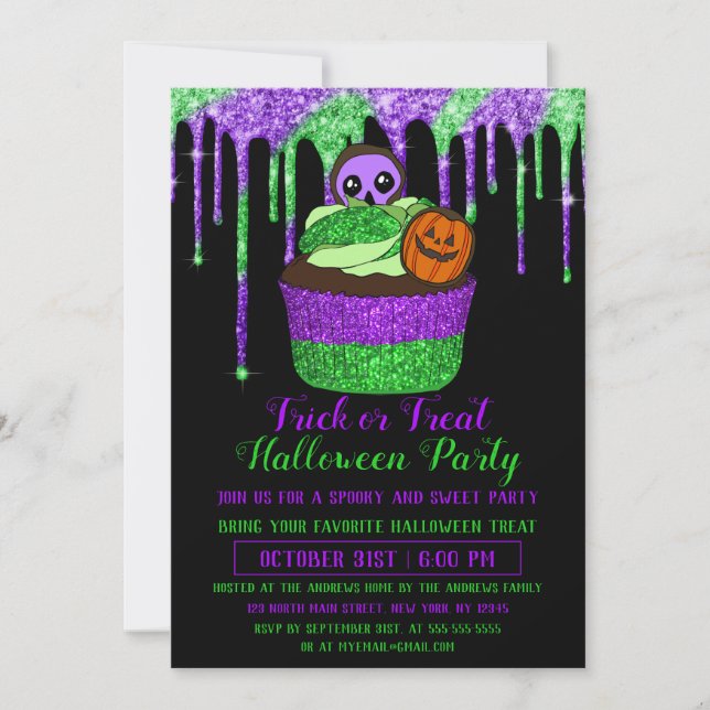 Neon Lila Green Glitzer Cupcake Halloween Einladung (Vorderseite)