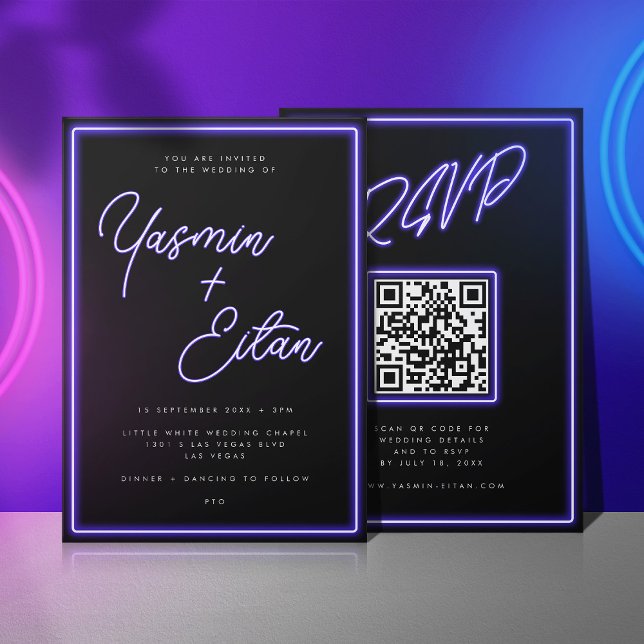Neon Lila Light Black Modern auf einer Hochzeit Einladung (Black invitation with purple neon light script for the bride and groom's names)