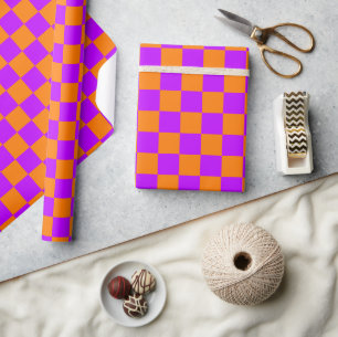 Neon Lila Orange Checkered Checkerboard Vintag Geschenkpapier