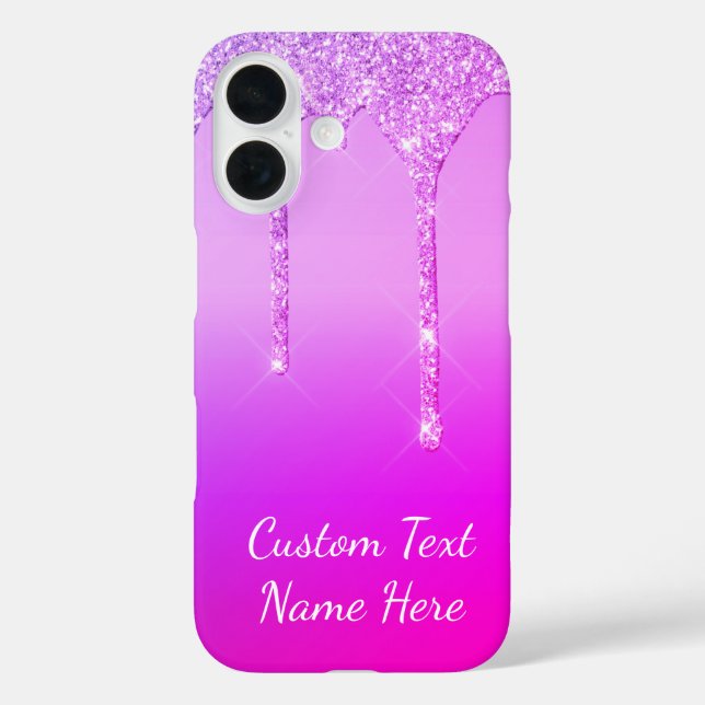 Neon Lila Pink Glitzer Benutzerdefinierter Text iP iPhone 16 Hülle (Rückseite)