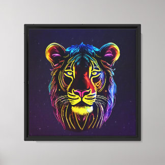 Neon Lion Face Stretched Canvas Print Leinwanddruck