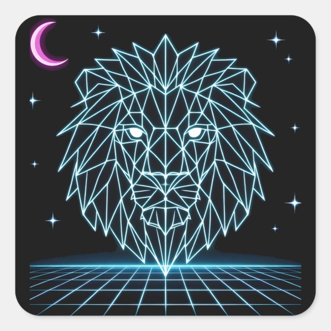 Neon Lion Synthwave - Retro King Predator Quadratischer Aufkleber (Vorderseite)