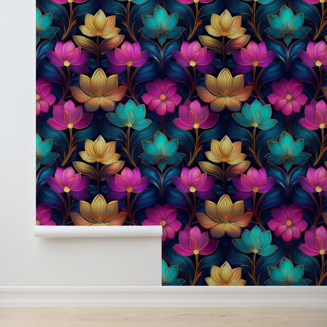 Neon Lotus Blume Rosa Aquamarines goldenes Blau Ab Tapete (Anwendung)