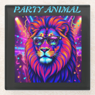 Neon Löwe Party Tier – Farbige Retro-Grafik Glasuntersetzer