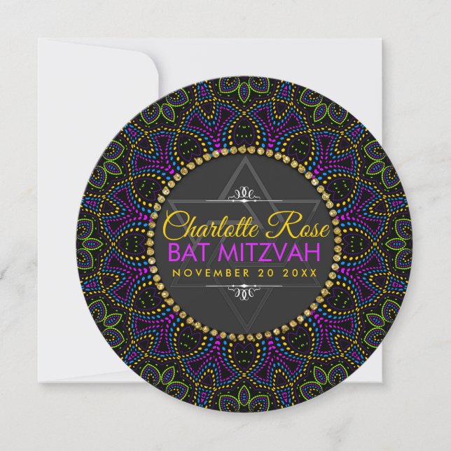 Neon Mandala Super Bat mitzvah Round Invitation (Devant)