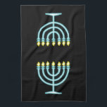 Neon Menorah Küchentuch<br><div class="desc">Blaue Menorah im Neon-Zeichen-Stil.</div>