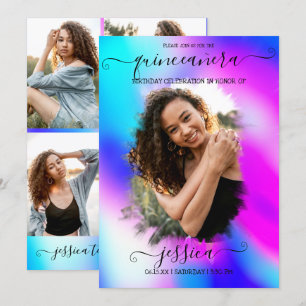 Neon Mermaid Holographic Foto Collage Quinceañera Einladung