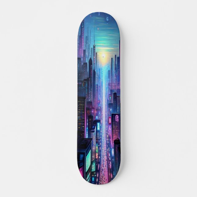 "Neon Metropolis: Cyberpunk City Skateboard (Vorne)