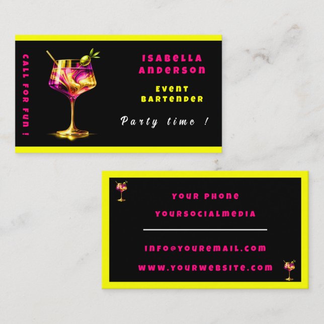 Neon Modern Party Time Personalisiert Beruflich Visitenkarte (Vorne/Hinten)