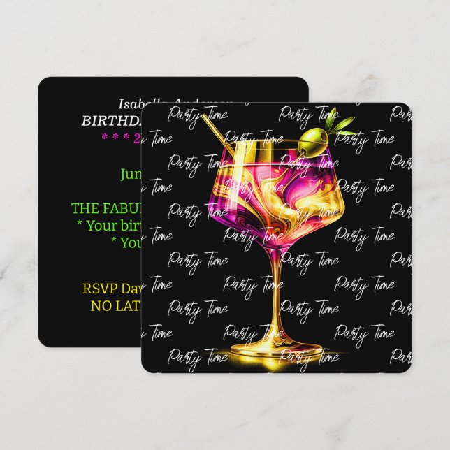 Neon Modern Party Time Personalisiert Einladung (Vorne/Hinten)