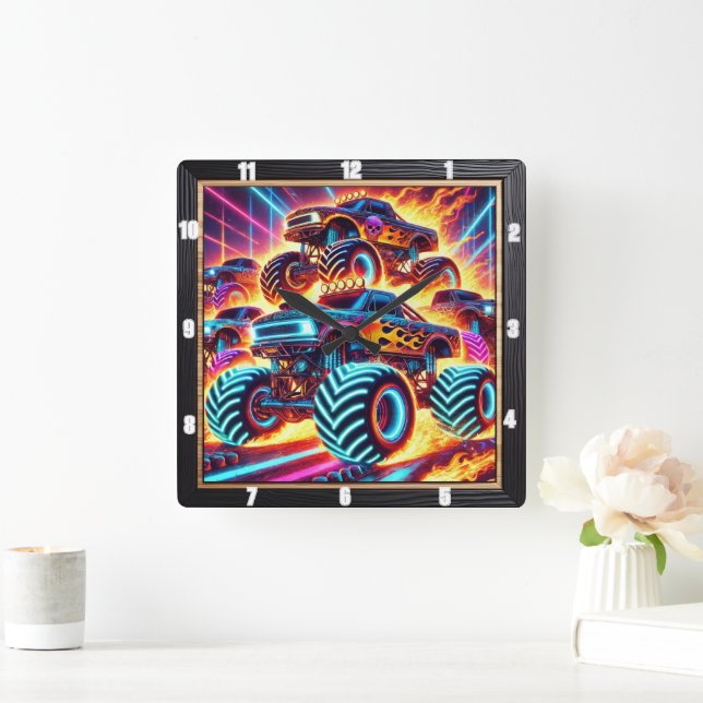Neon Monster Trucks auf einer flammengepackten Akt Quadratische Wanduhr (Zuhause)