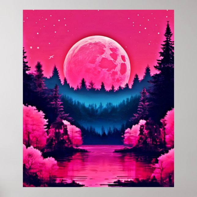 Neon Moonlit Fantasy Forest Lake Poster (Vorne)
